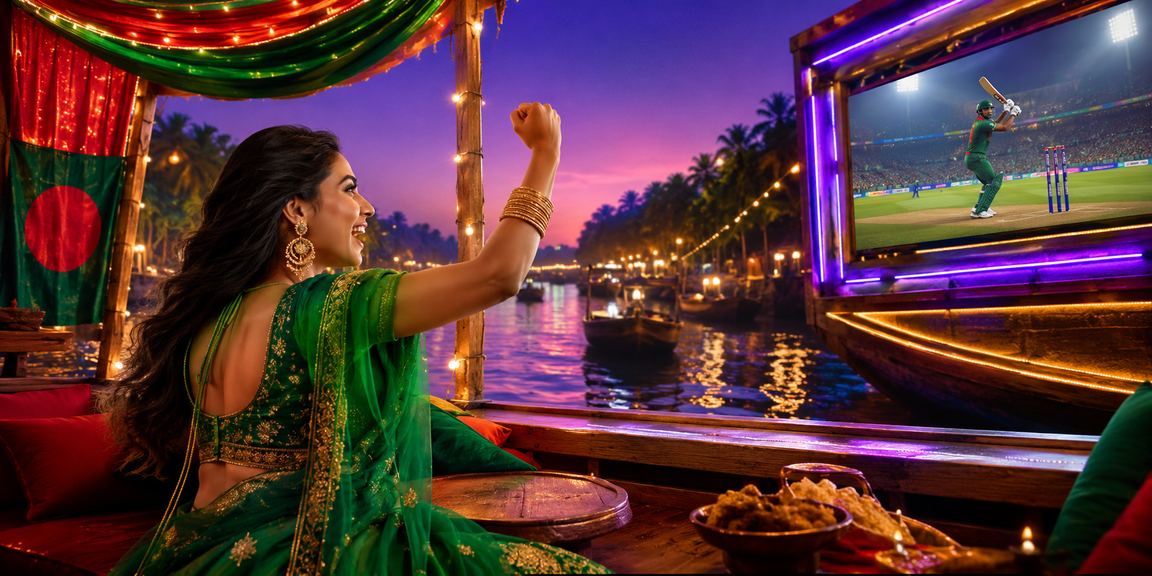 A woman in a saree with the Sundarbans in the background enjoying sona888vip cricket betting
